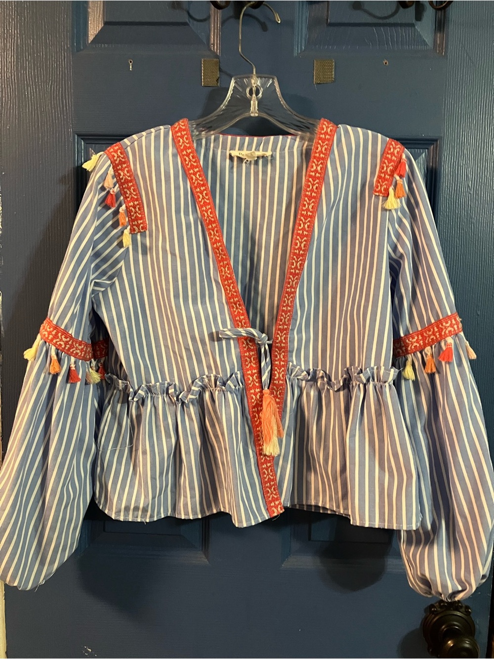 Rebellion Blue & White Striped Tassel Peplum Blouse